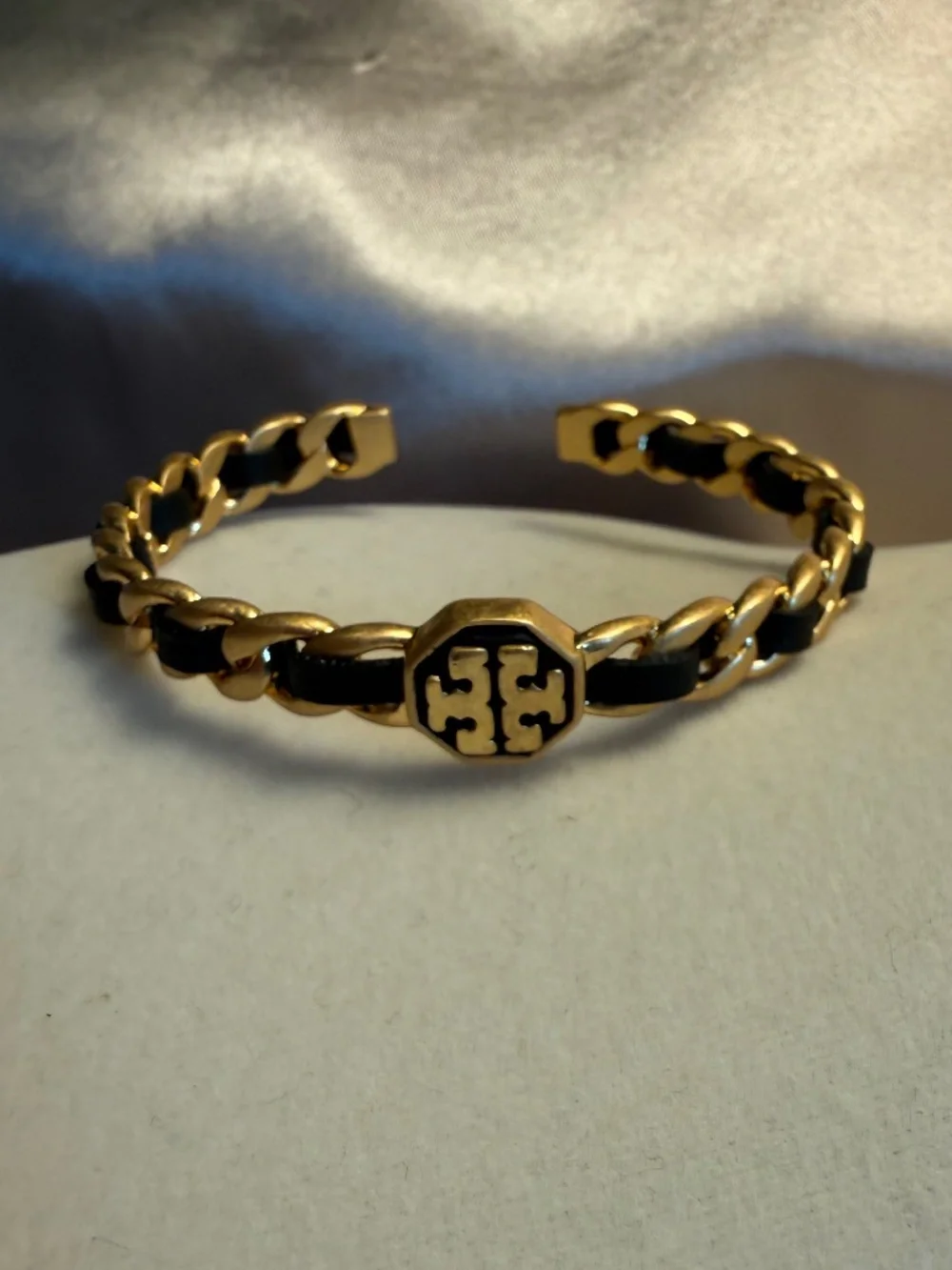 Tory Burch Black Leather and Gold cuff